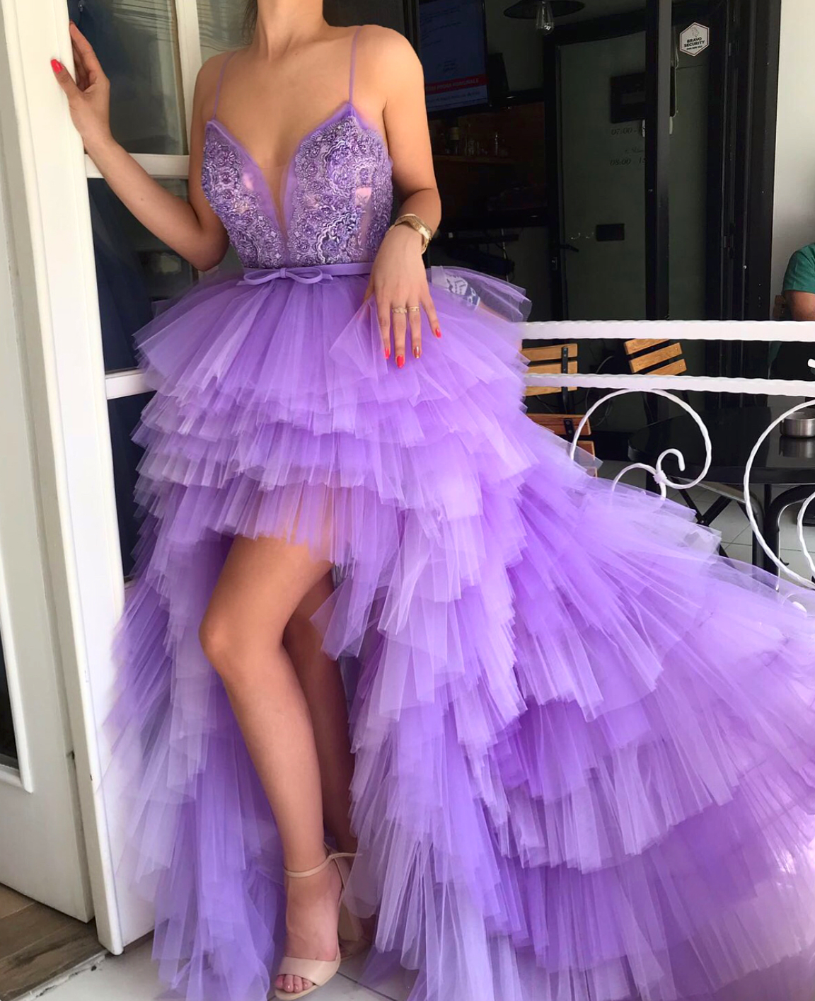 Purple A-Line dress with spaghetti straps and embroidery