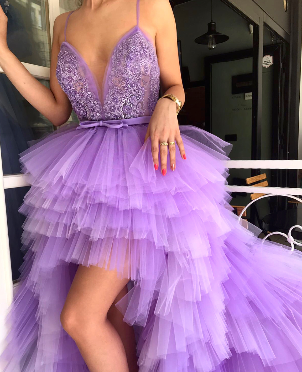 Purple A-Line dress with spaghetti straps and embroidery