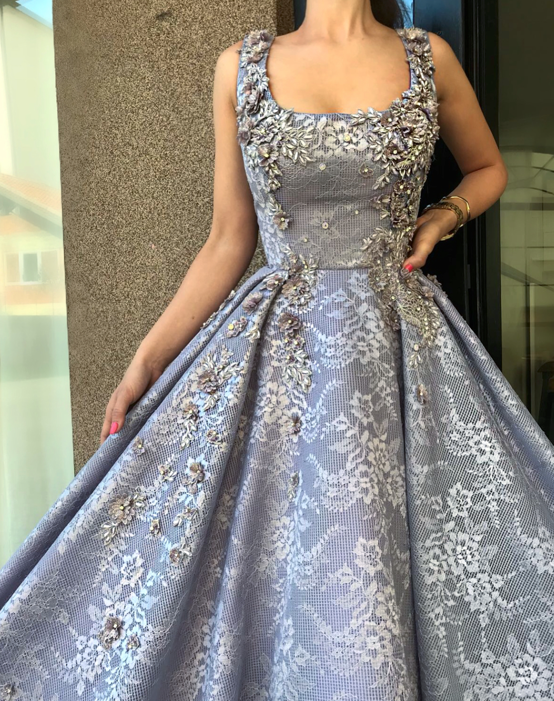 Grey A-Line dress with straps and embroidery