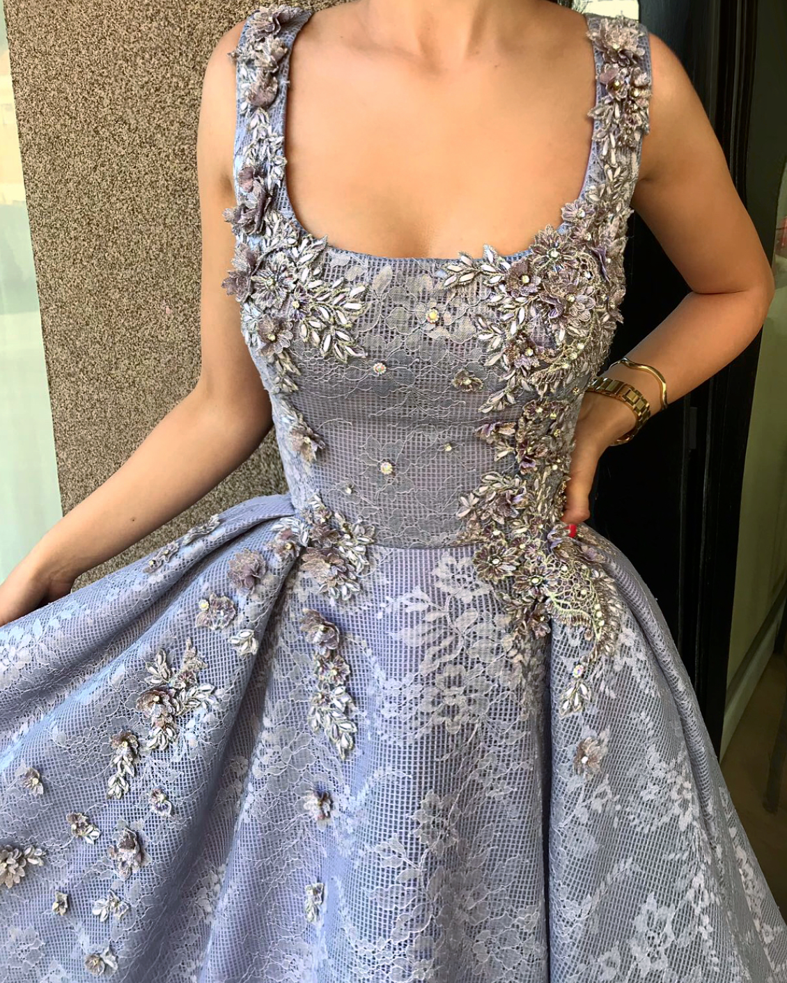 Grey A-Line dress with straps and embroidery