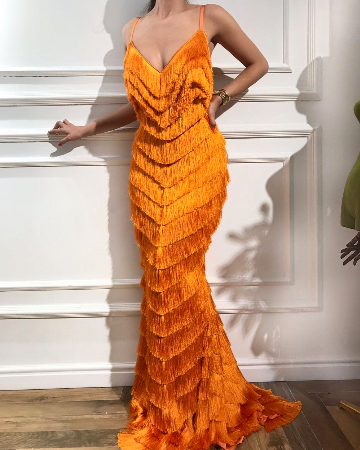 Orange fringe mermaid dress with spaghetti straps