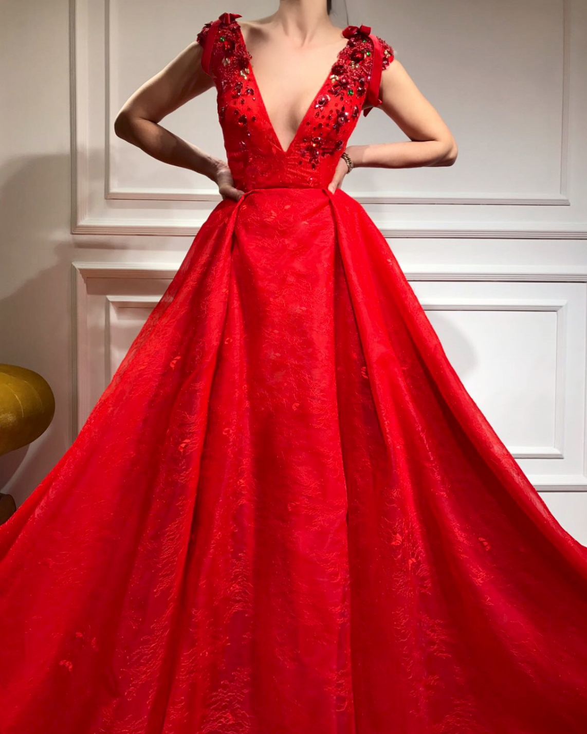 Red A-Line dress with no sleeves, v-neck and embroidery