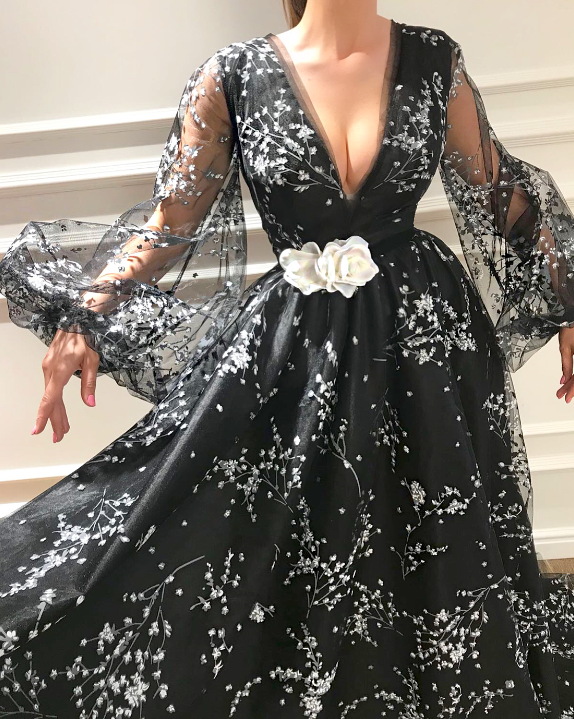 Black A-Line dress with v-neck, embroidery and long sleeves