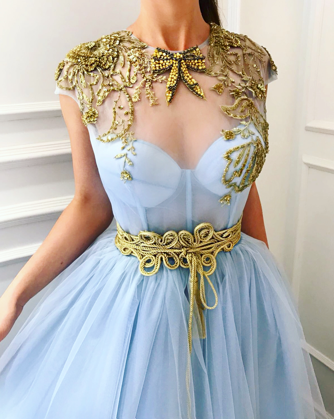 Blue A-Line dress with embroidery and no sleeves