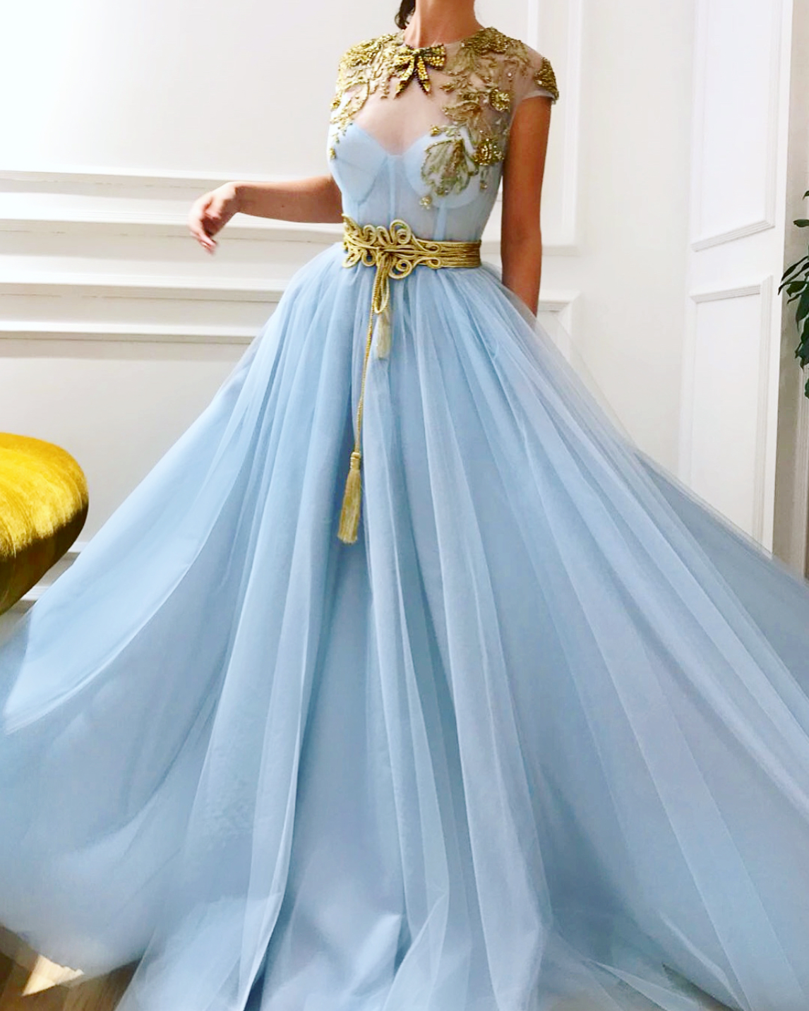 Blue A-Line dress with embroidery and no sleeves