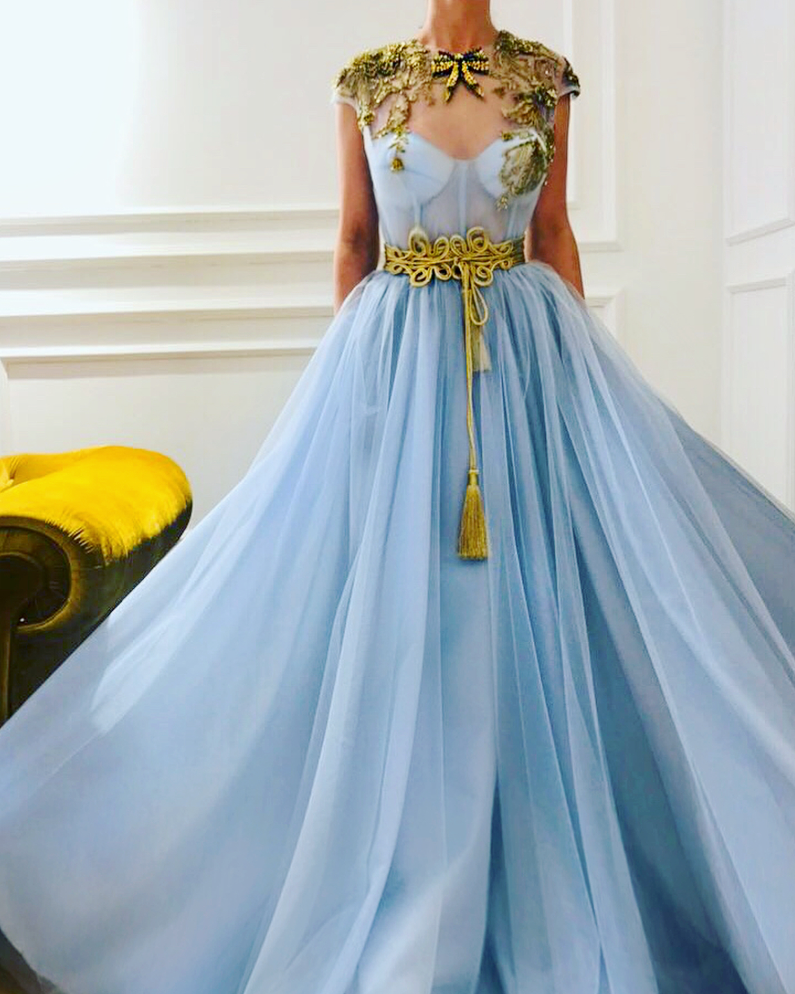 Blue A-Line dress with embroidery and no sleeves