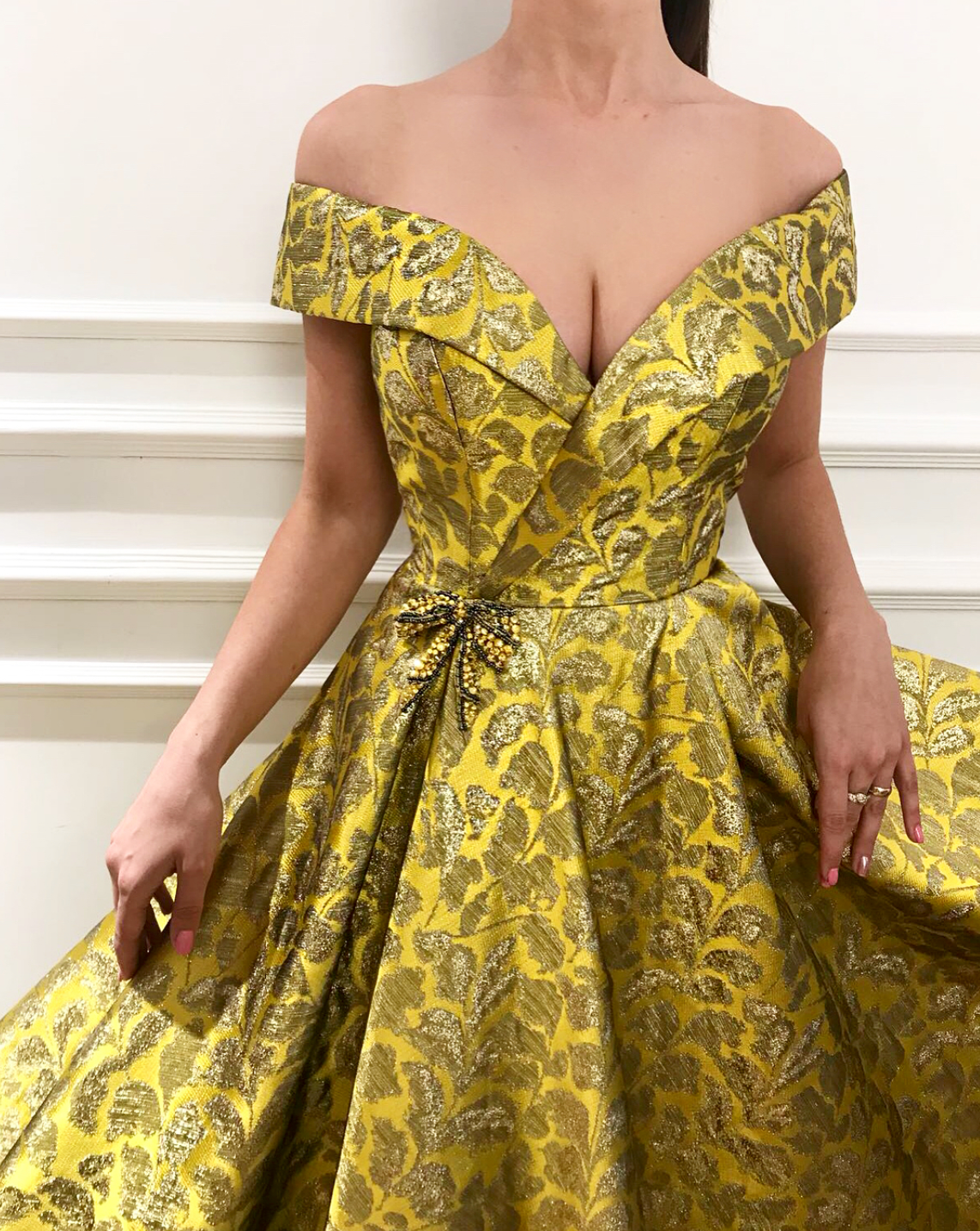 Yellow A-Line dress with off the shoulder sleeves