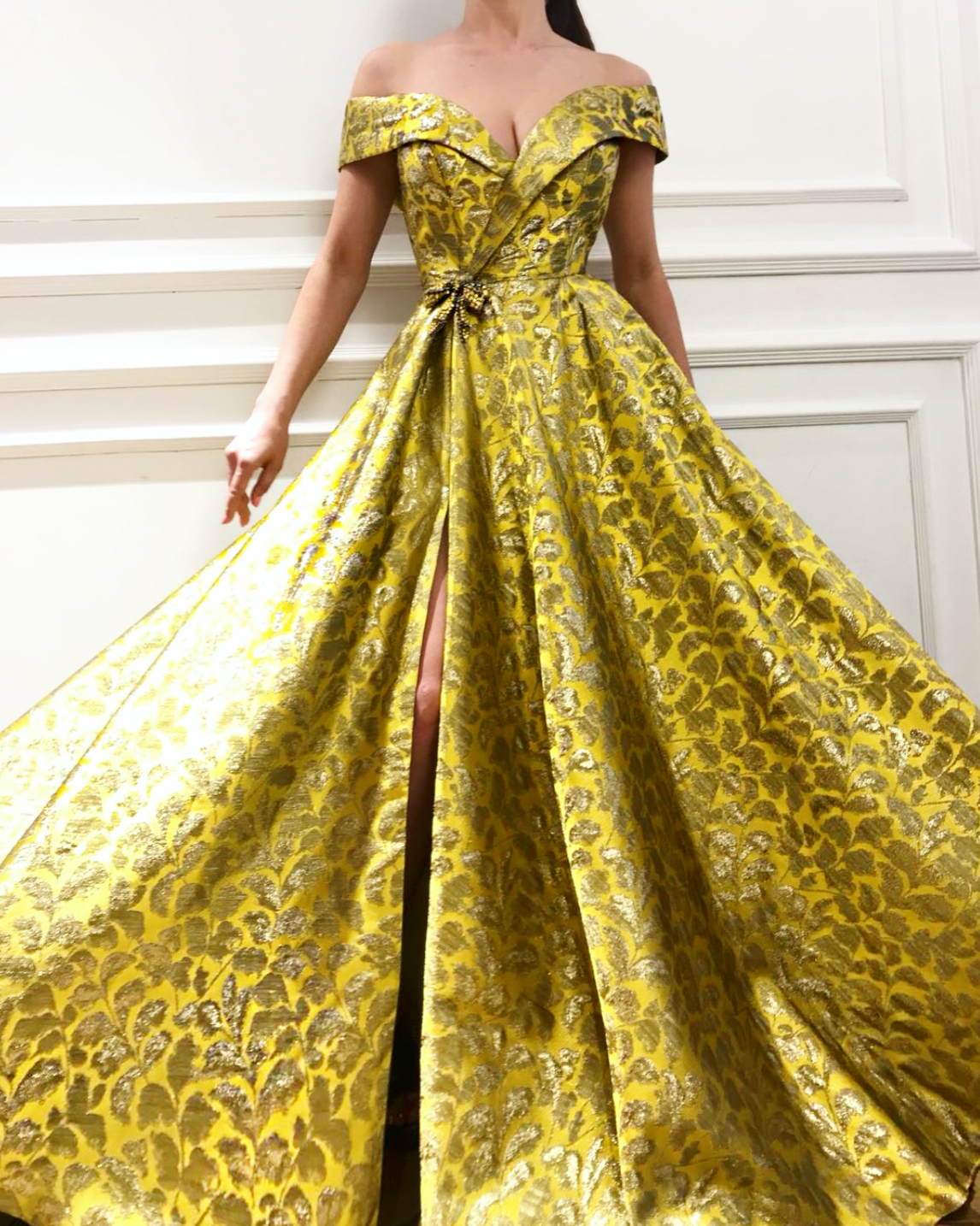 Yellow A-Line dress with off the shoulder sleeves