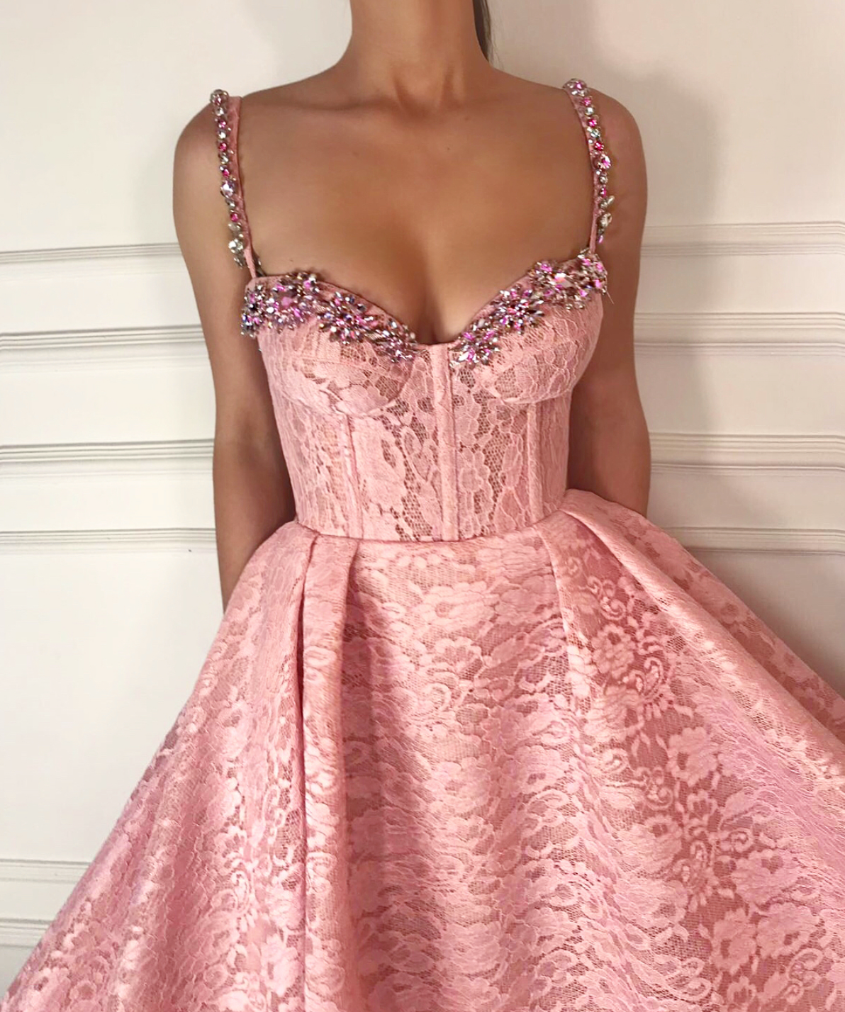 Pink A-Line dress with spaghetti straps and embroidery