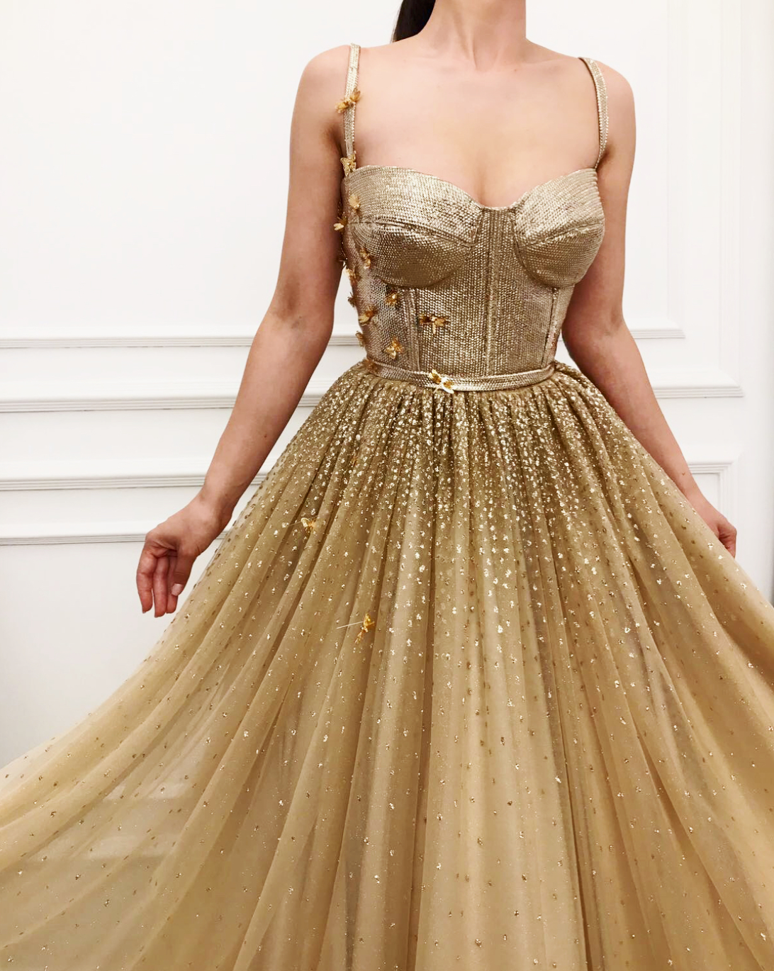 Gold A-Line dress with spaghetti straps and embroidery