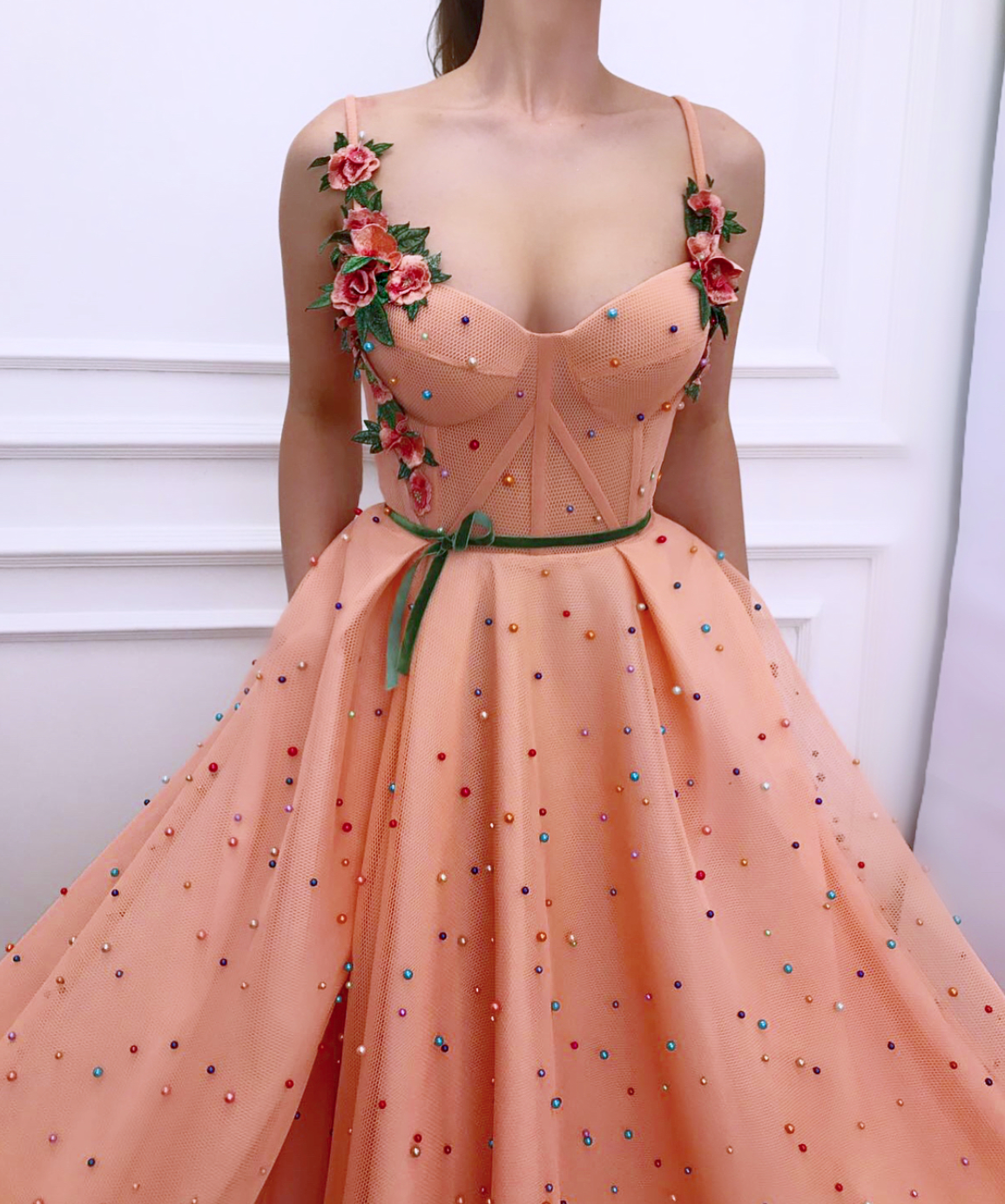 Peach A-Line dress with beading, spaghetti straps and embroidery