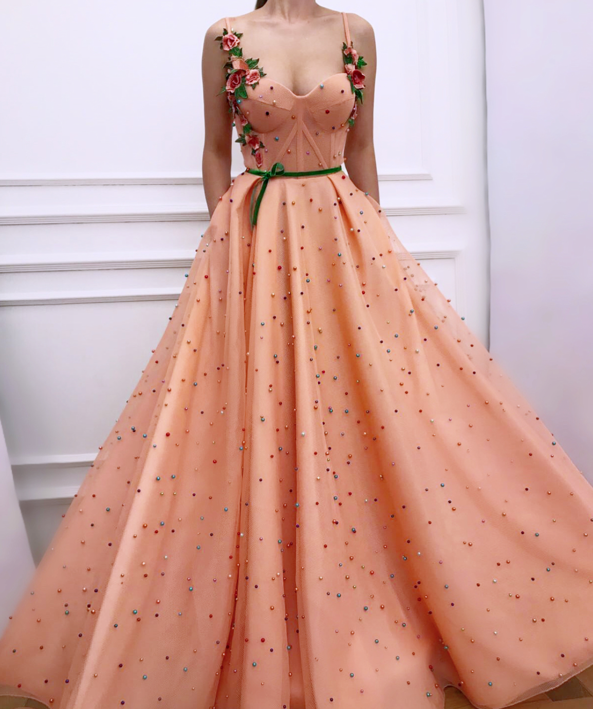 Peach A-Line dress with beading, spaghetti straps and embroidery