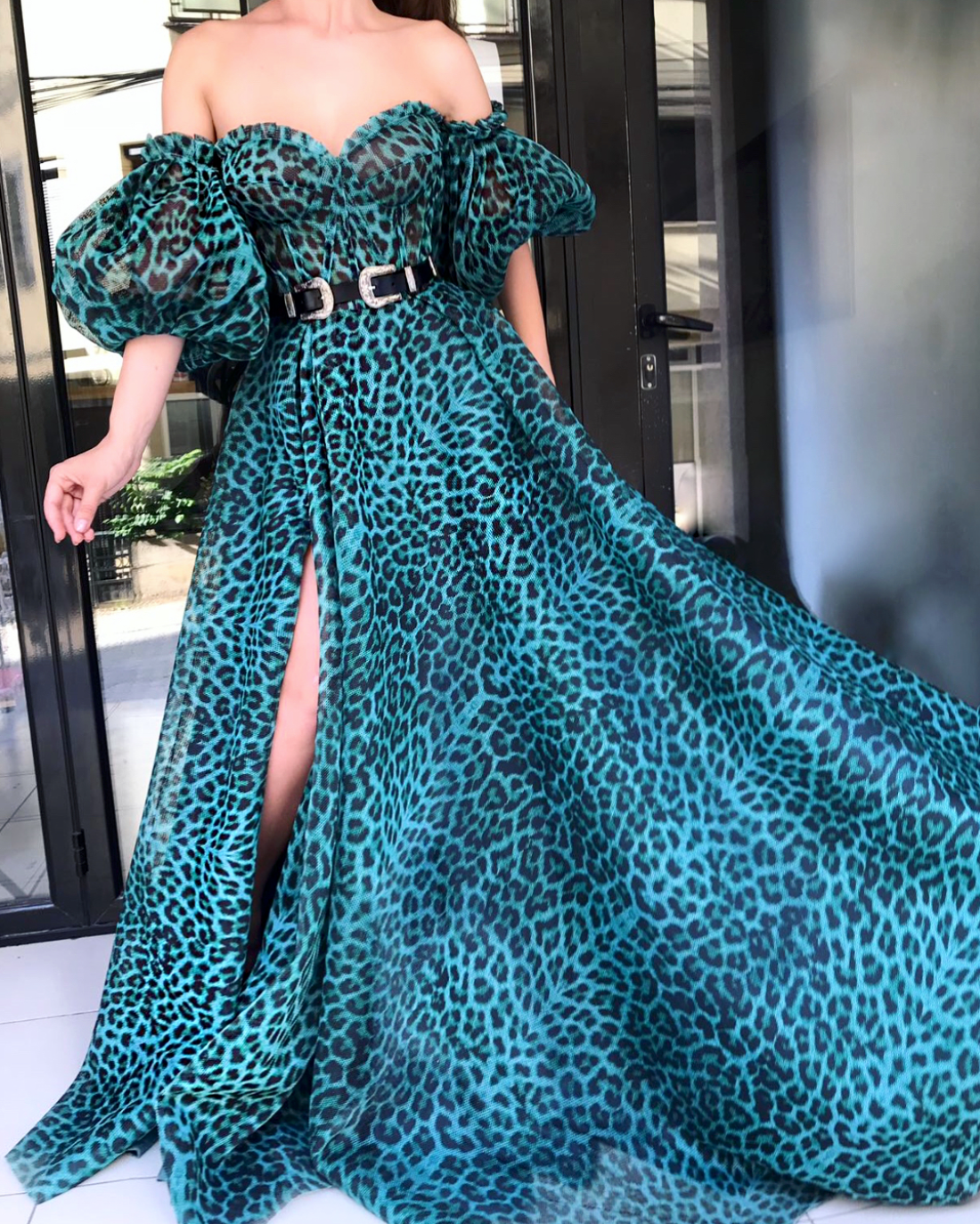 Green A-Line dress with belt and off the shoulder sleeves