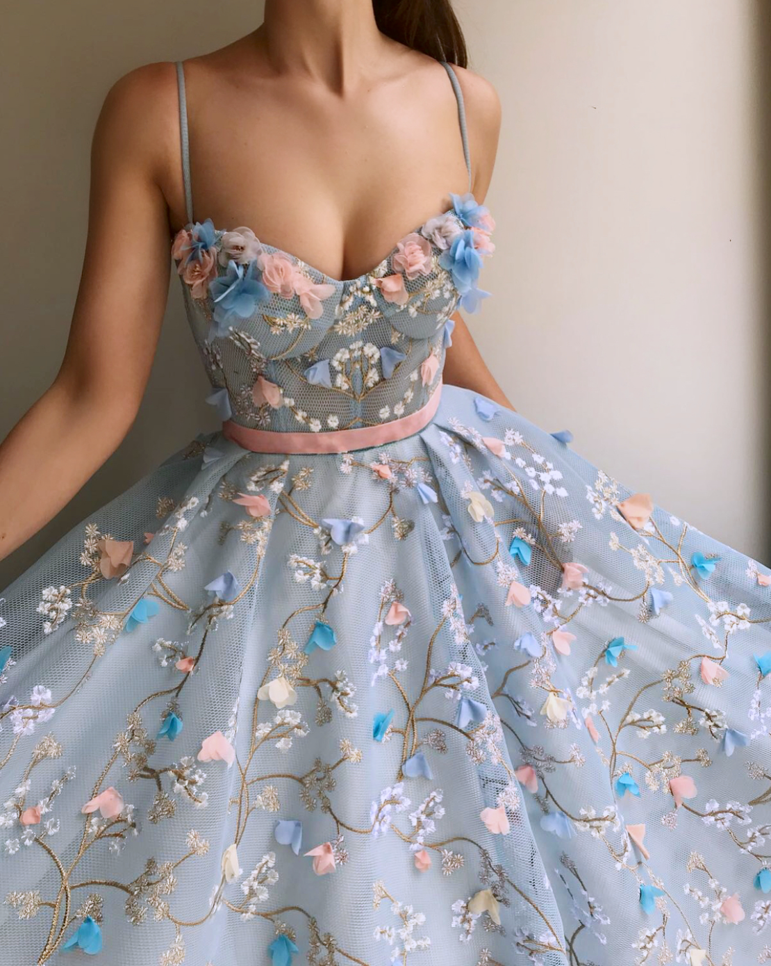 Blue A-Line dress with spaghetti straps and embroidery