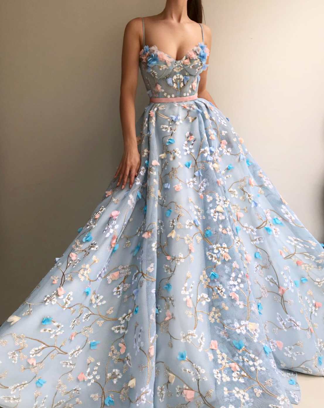 Blue A-Line dress with spaghetti straps and embroidery