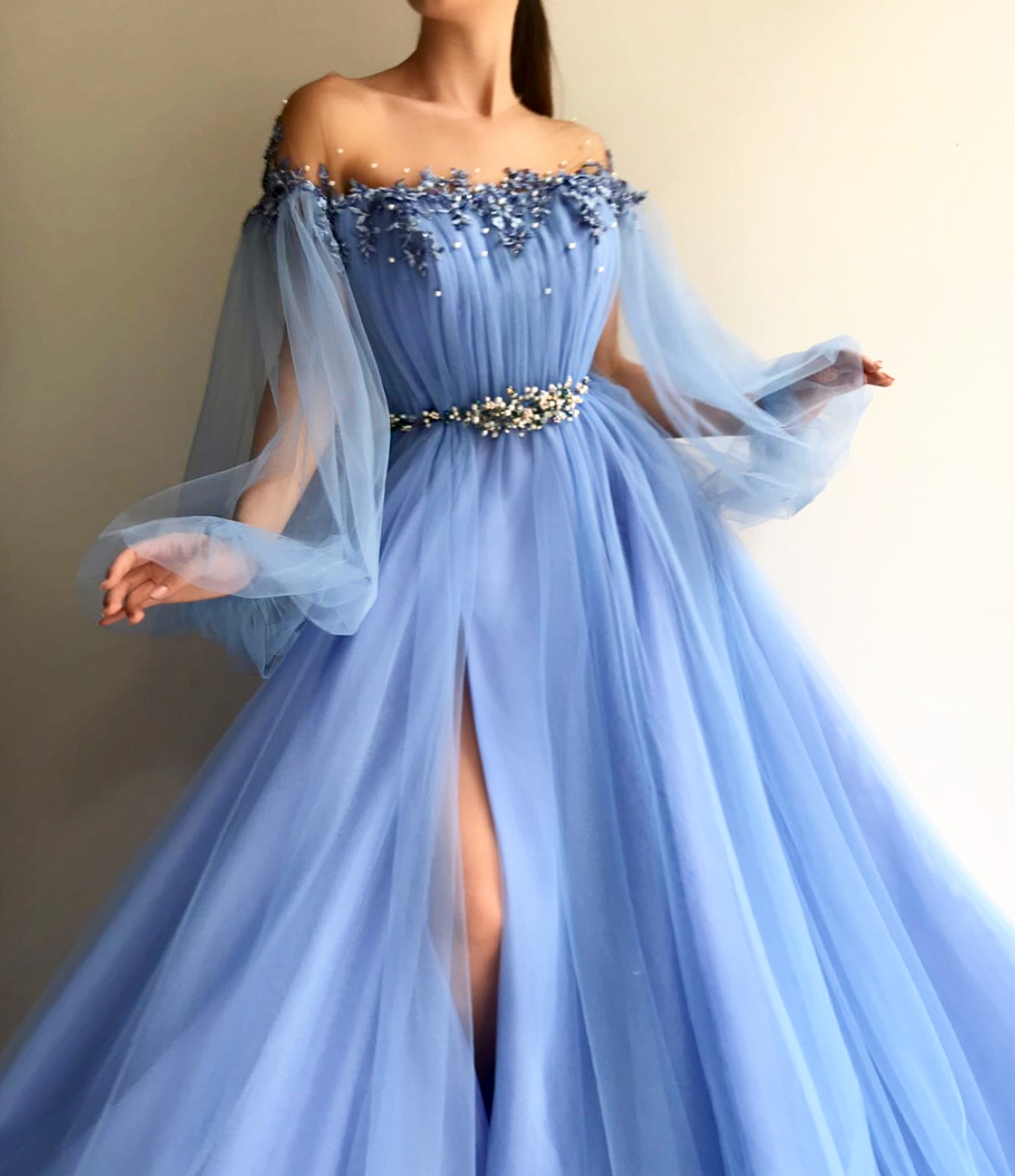 Blue A-Line dress with long off the shoulder sleeves and embroidery