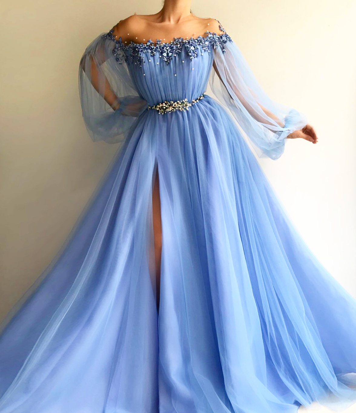 Blue A-Line dress with long off the shoulder sleeves and embroidery