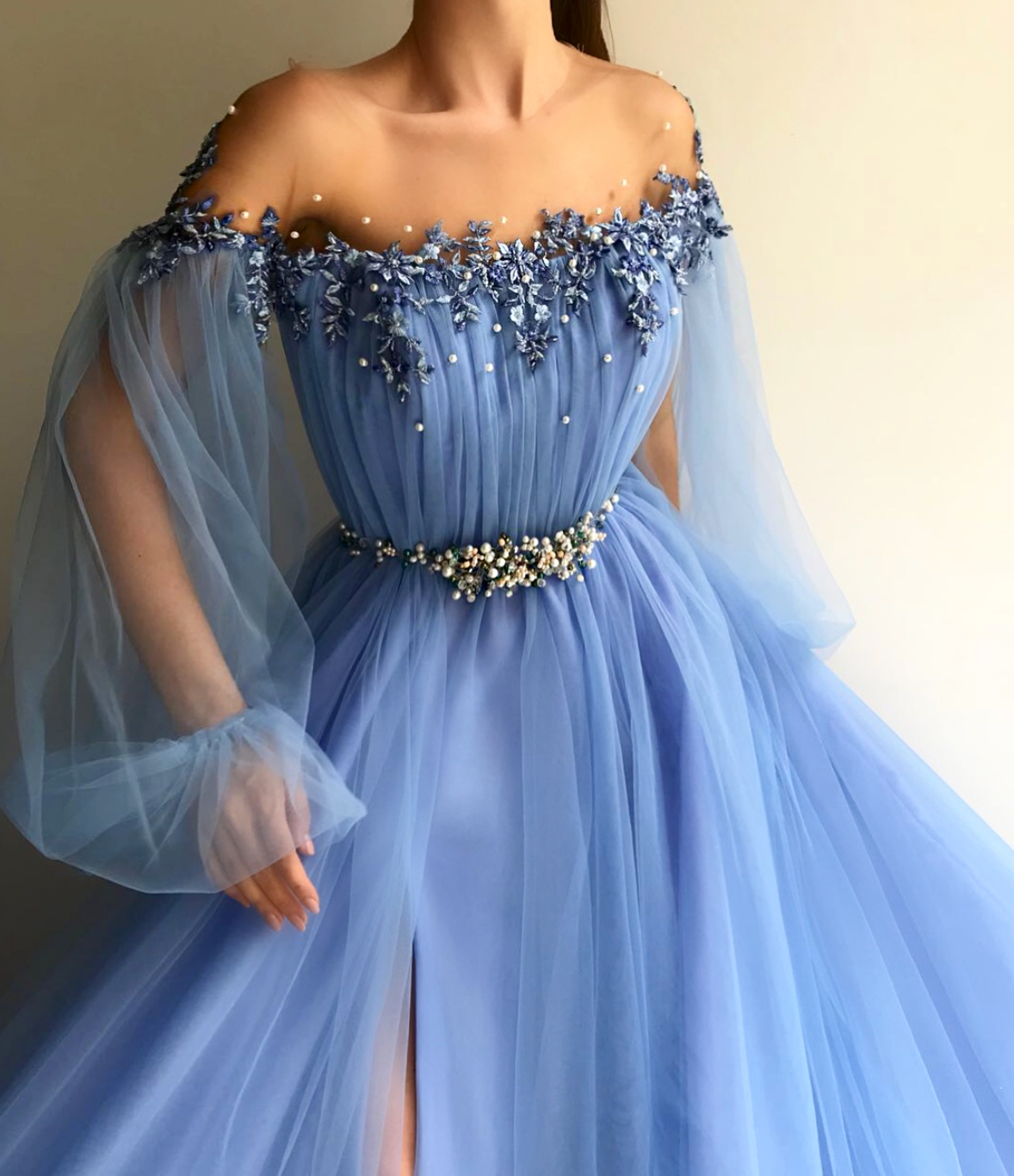 Blue A-Line dress with long off the shoulder sleeves and embroidery