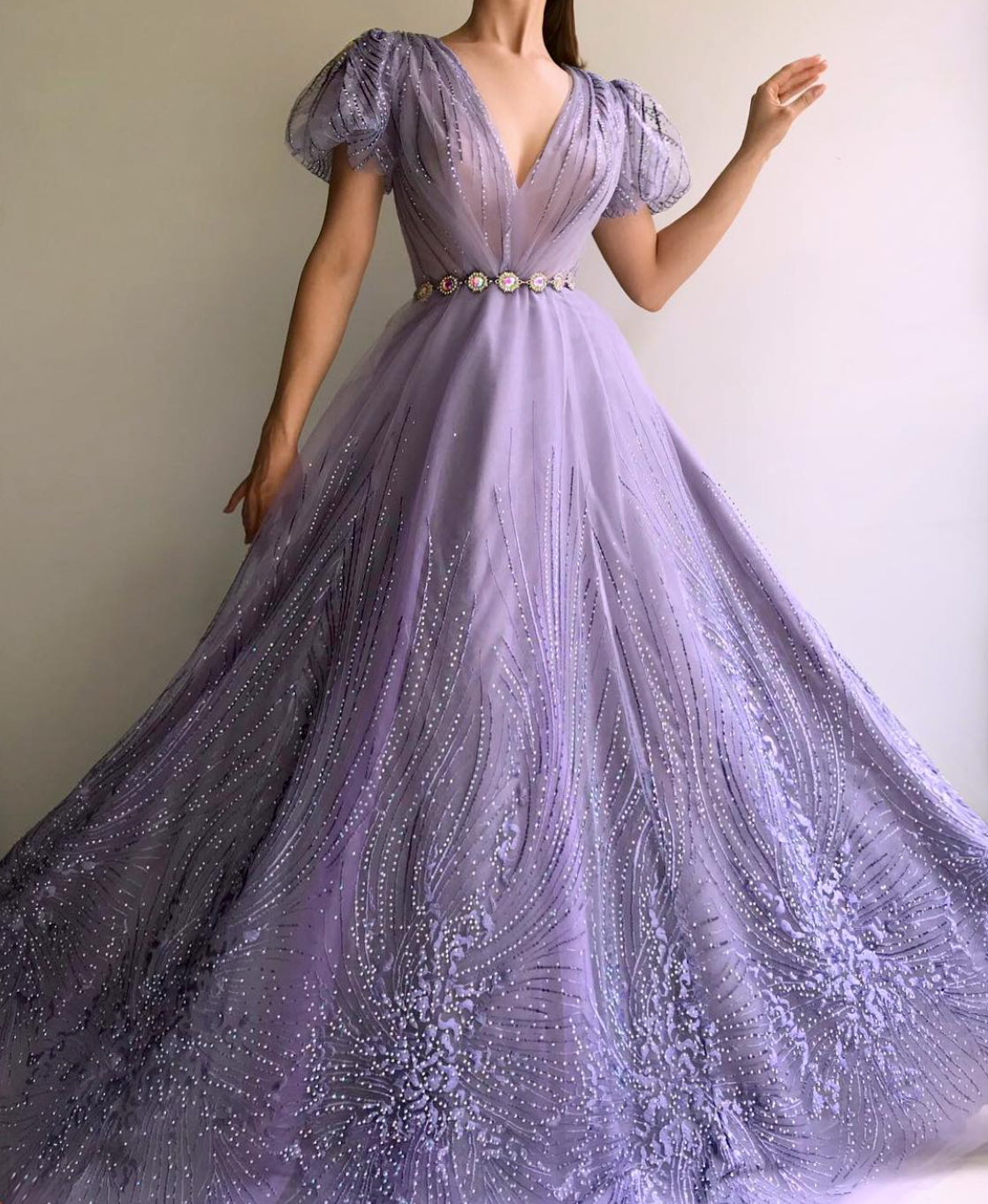 Purple A-Line dress with v-neck, short sleeves and embroidery