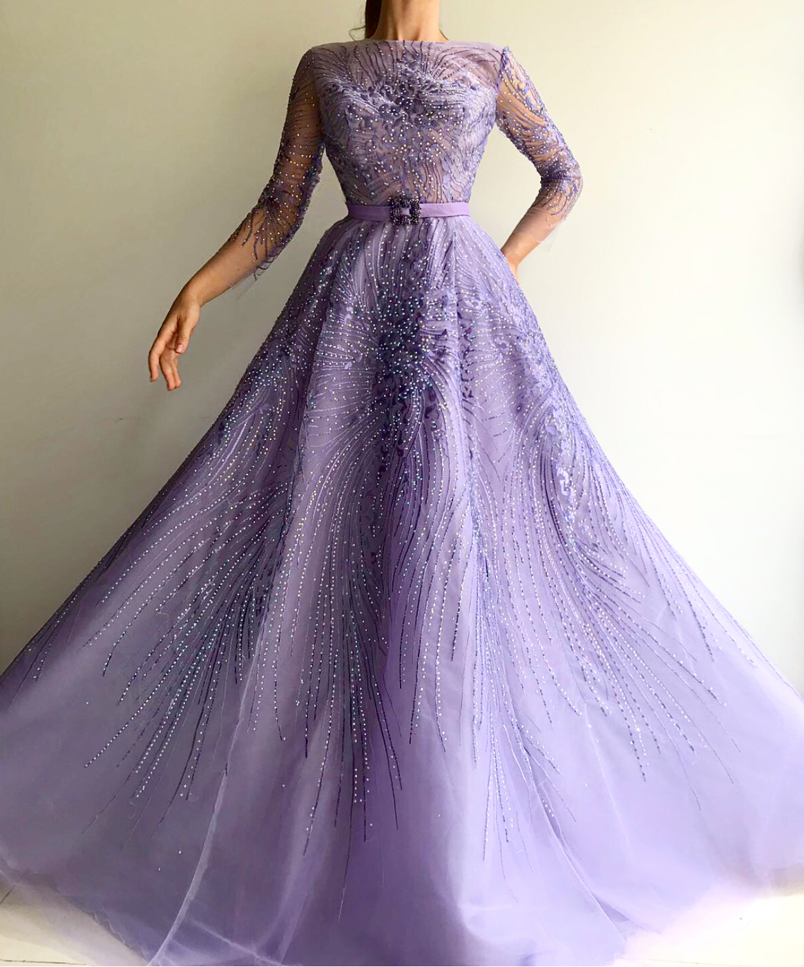 Purple A-Line dress with long sleeves and belt