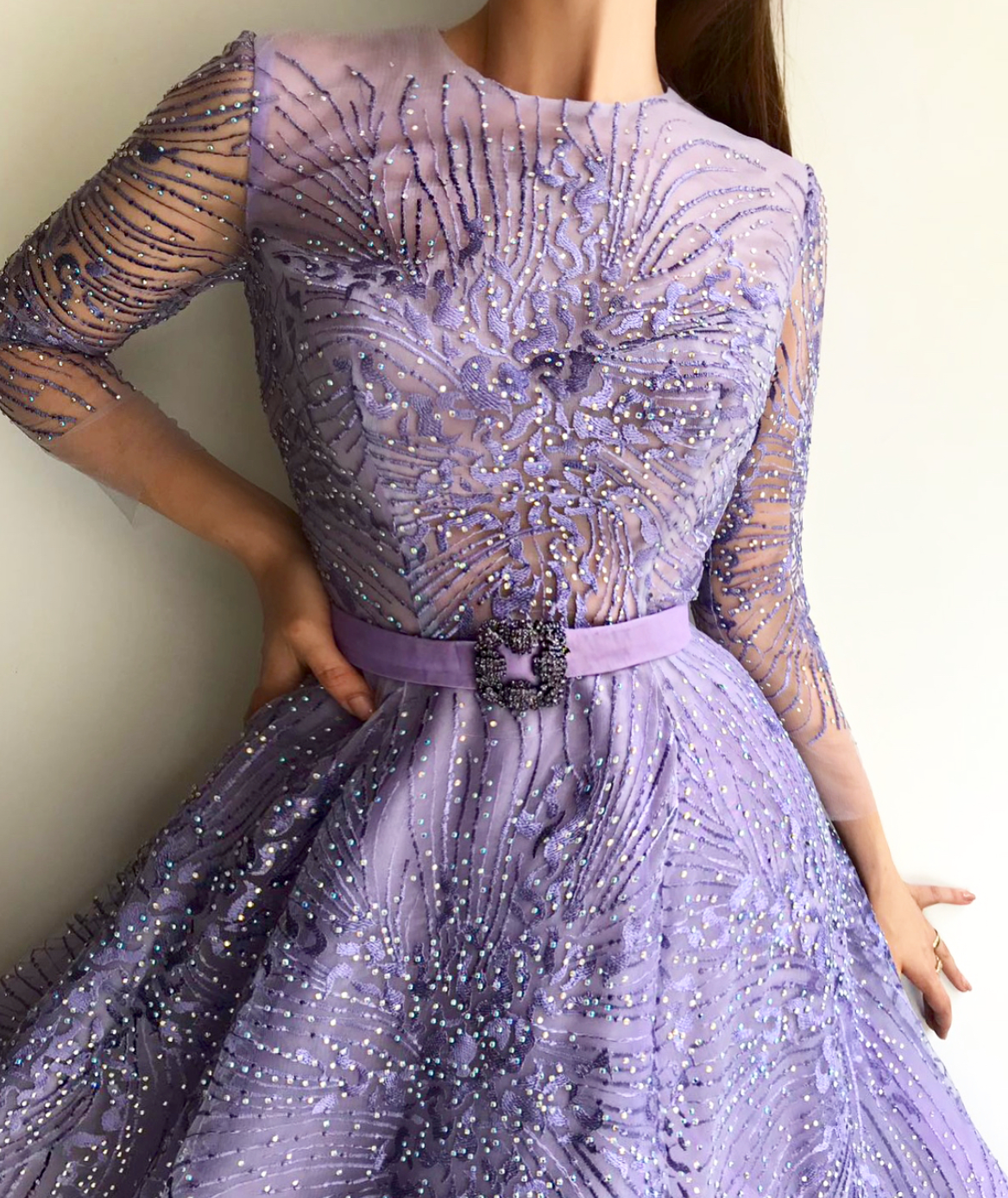 Purple A-Line dress with long sleeves and belt