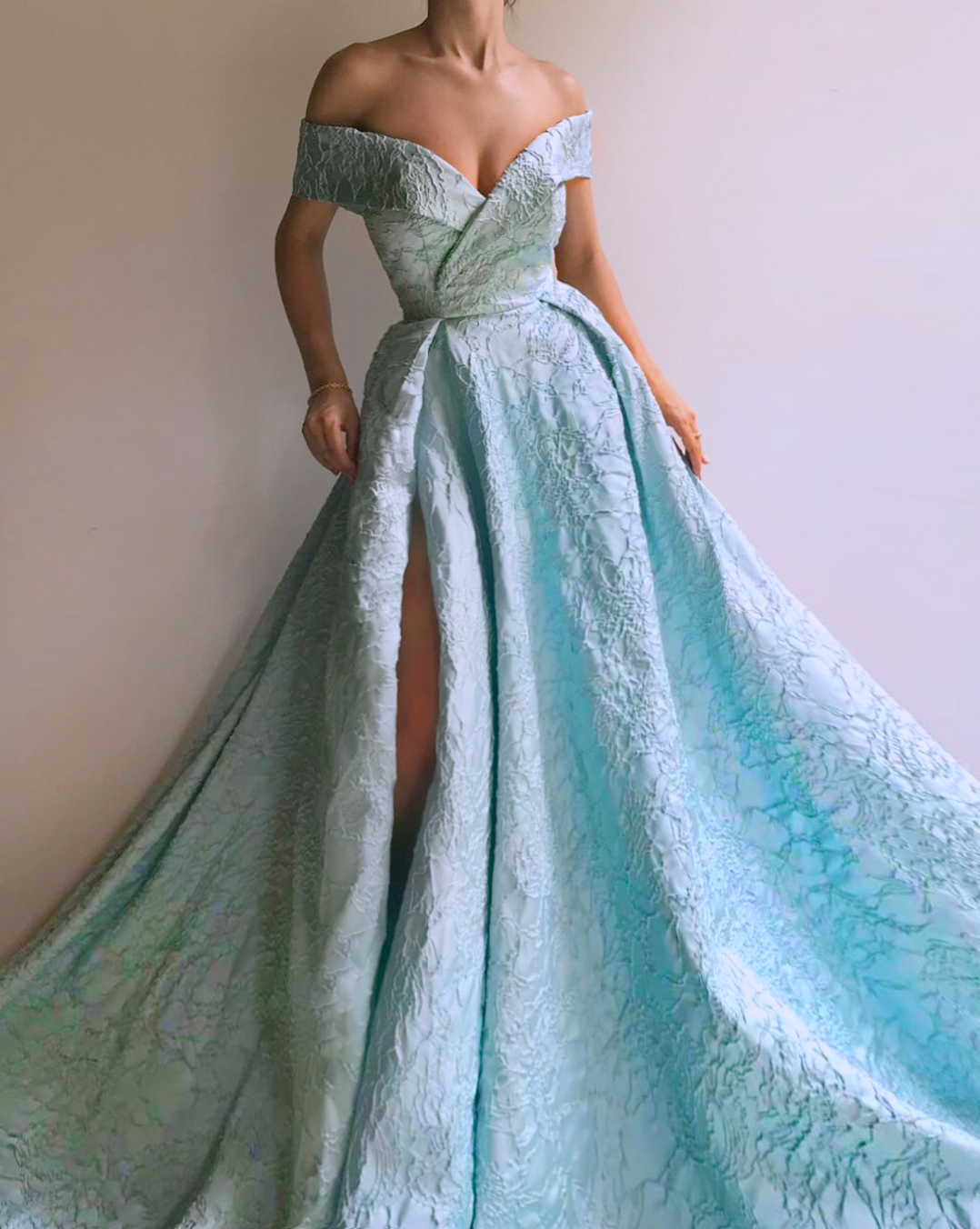 Blue A-Line dress with off the shoulder sleeves