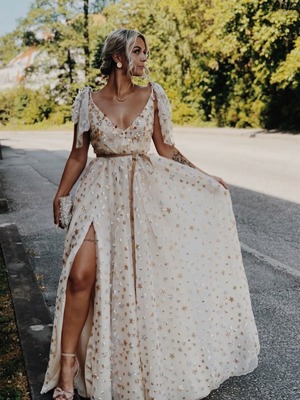 Beige A-Line dress with straps, v-neck and starry fabric