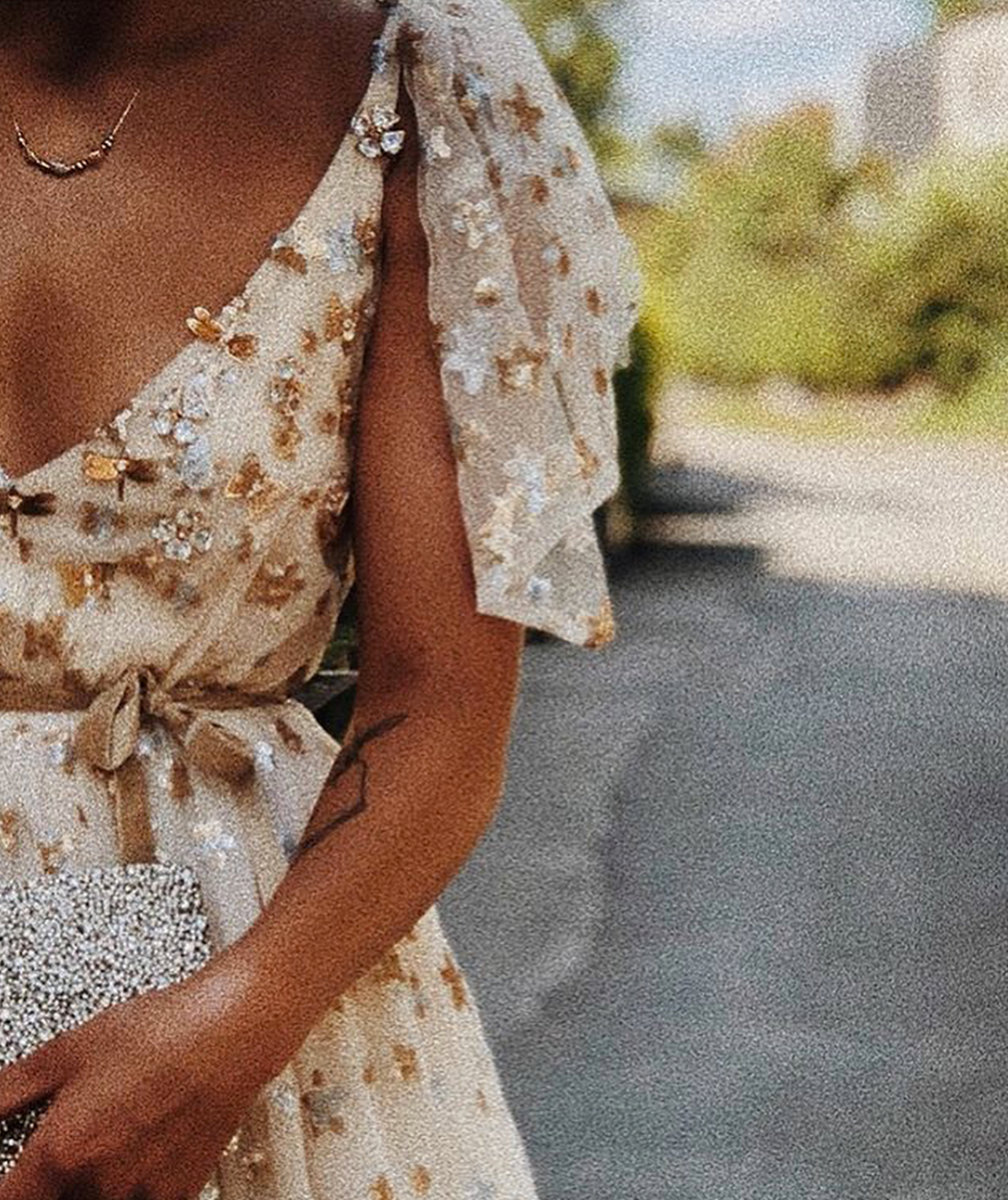 Beige A-Line dress with straps, v-neck and starry fabric