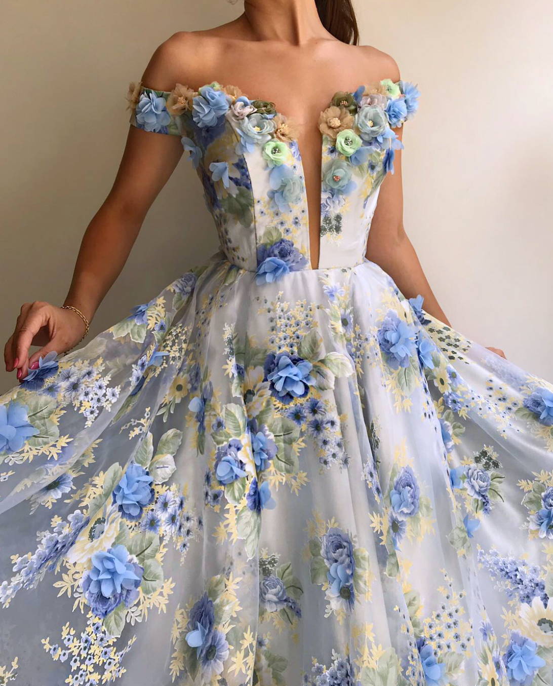 Blue A-Line dress with off the shoulder sleeves, embroidery and printed flowers