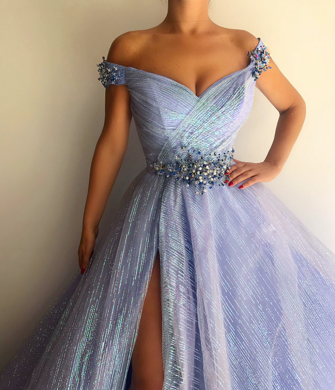 Blue A-Line dress with off the shoulder sleeves and embroidery