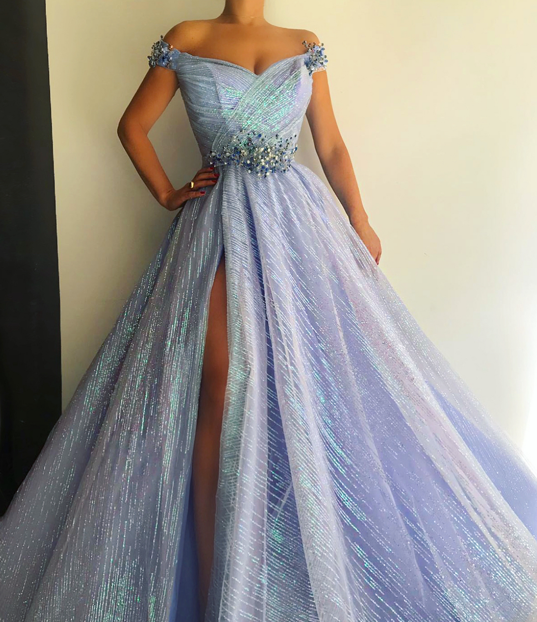 Blue A-Line dress with off the shoulder sleeves and embroidery