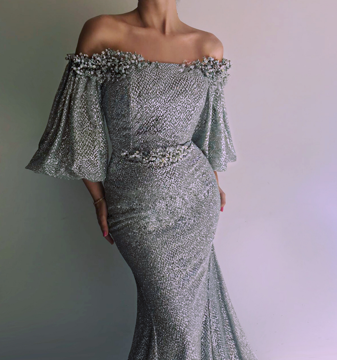 Grey mermaid dress with off the shoulder sleeves and embroidery
