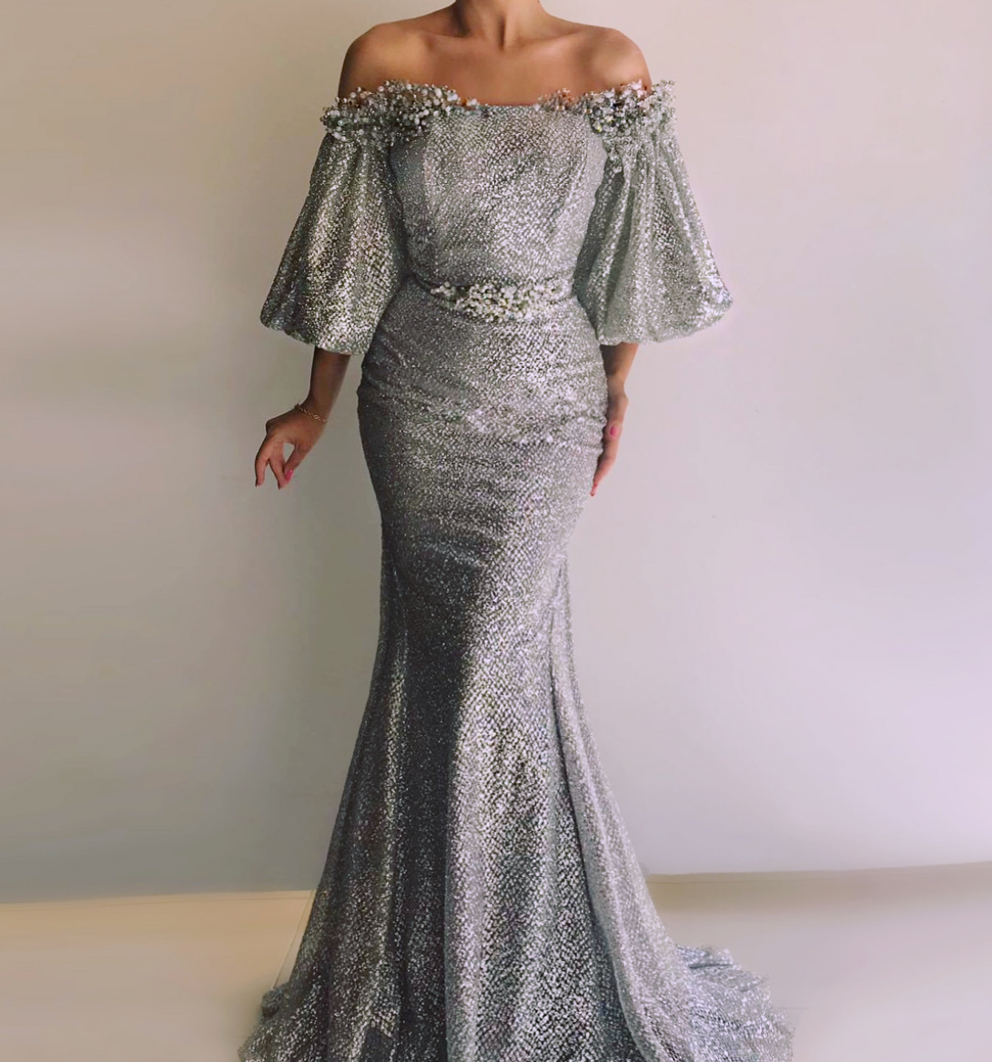 Grey mermaid dress with off the shoulder sleeves and embroidery