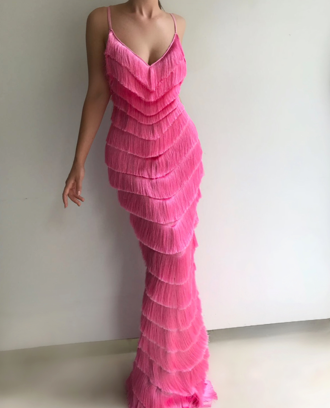 Pink fringe mermaid dress with spaghetti straps