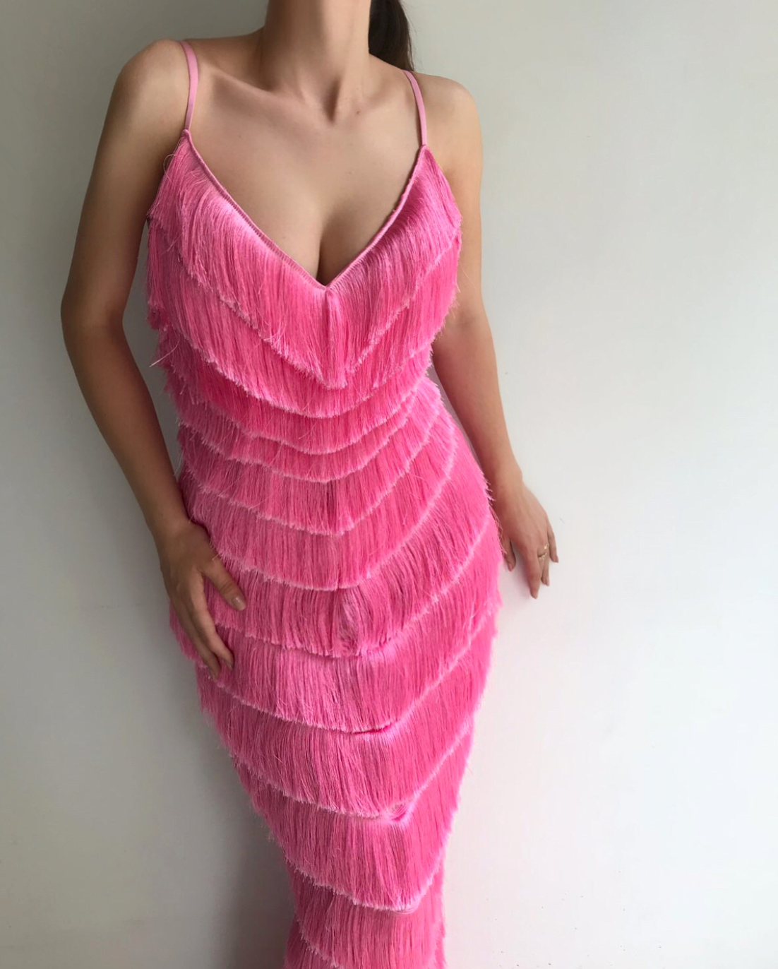 Pink fringe mermaid dress with spaghetti straps