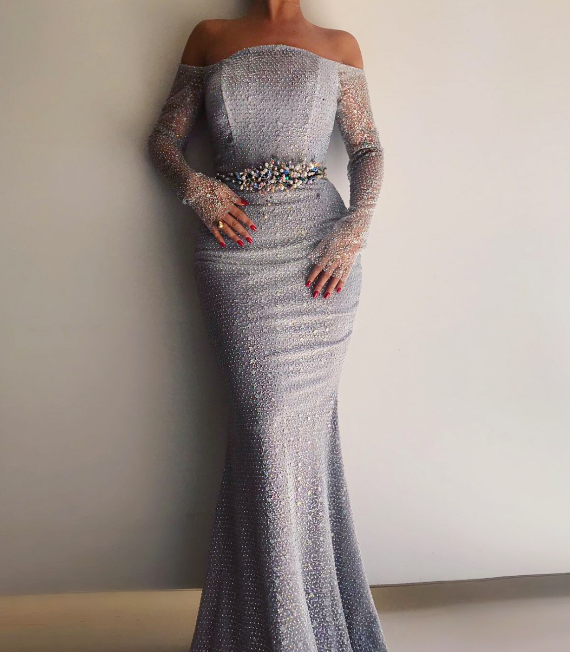 Grey mermaid dress with long off the shoulder sleeves and embroidery