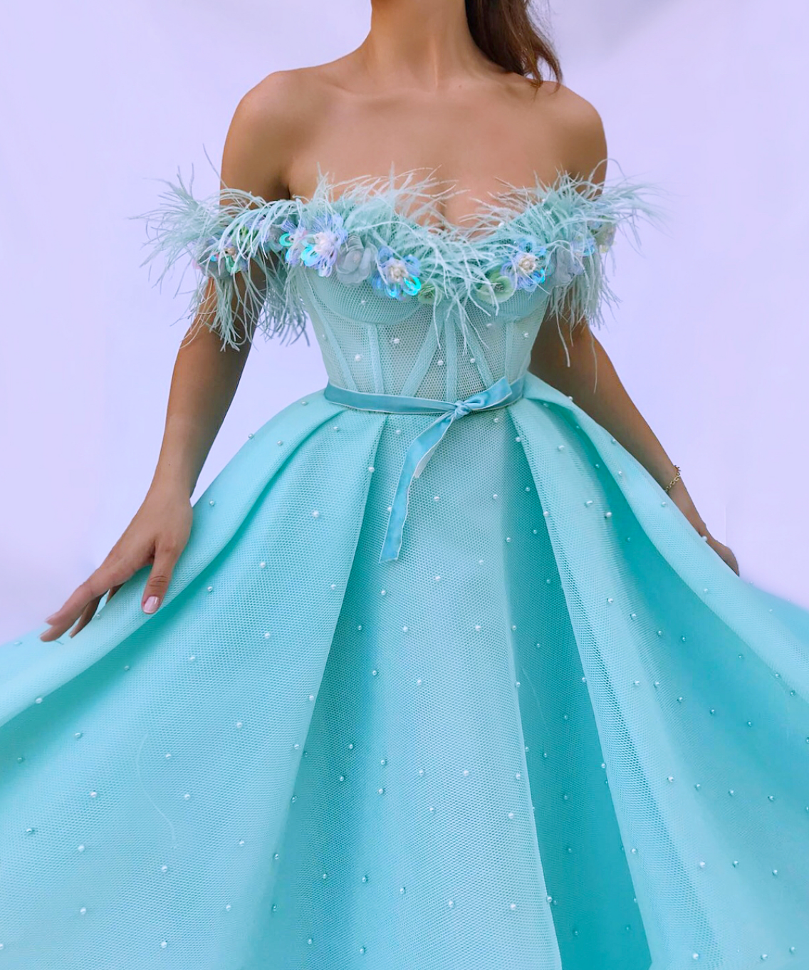 Blue A-Line dress with off the shoulder sleeves, beading and embroidery