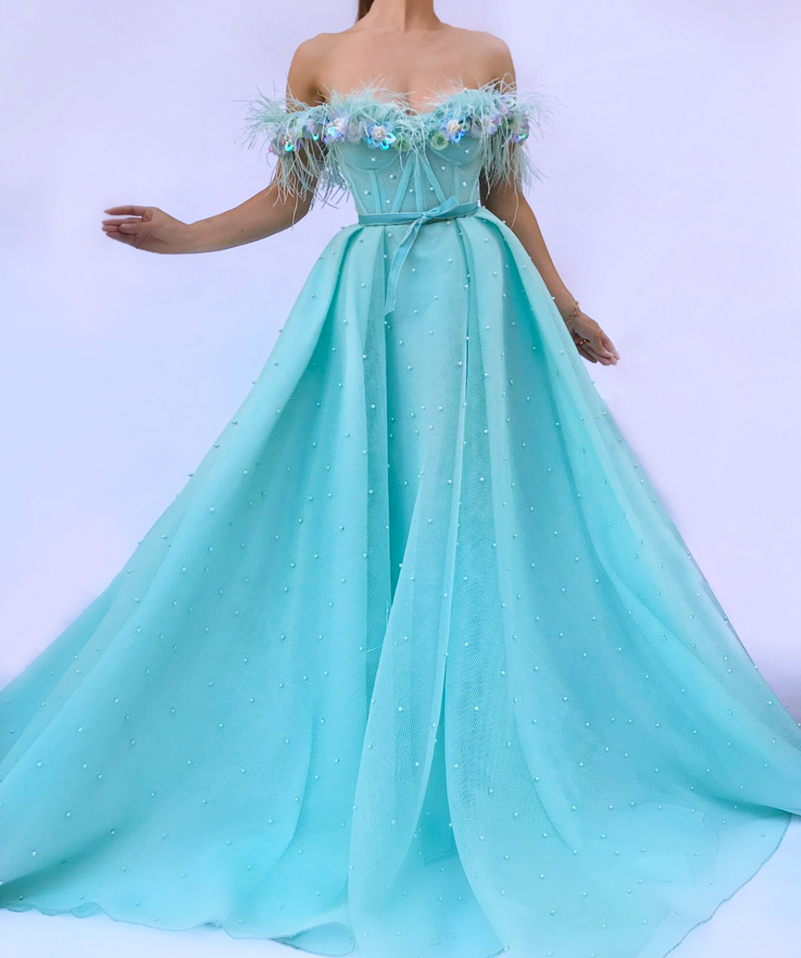 Blue A-Line dress with off the shoulder sleeves, beading and embroidery