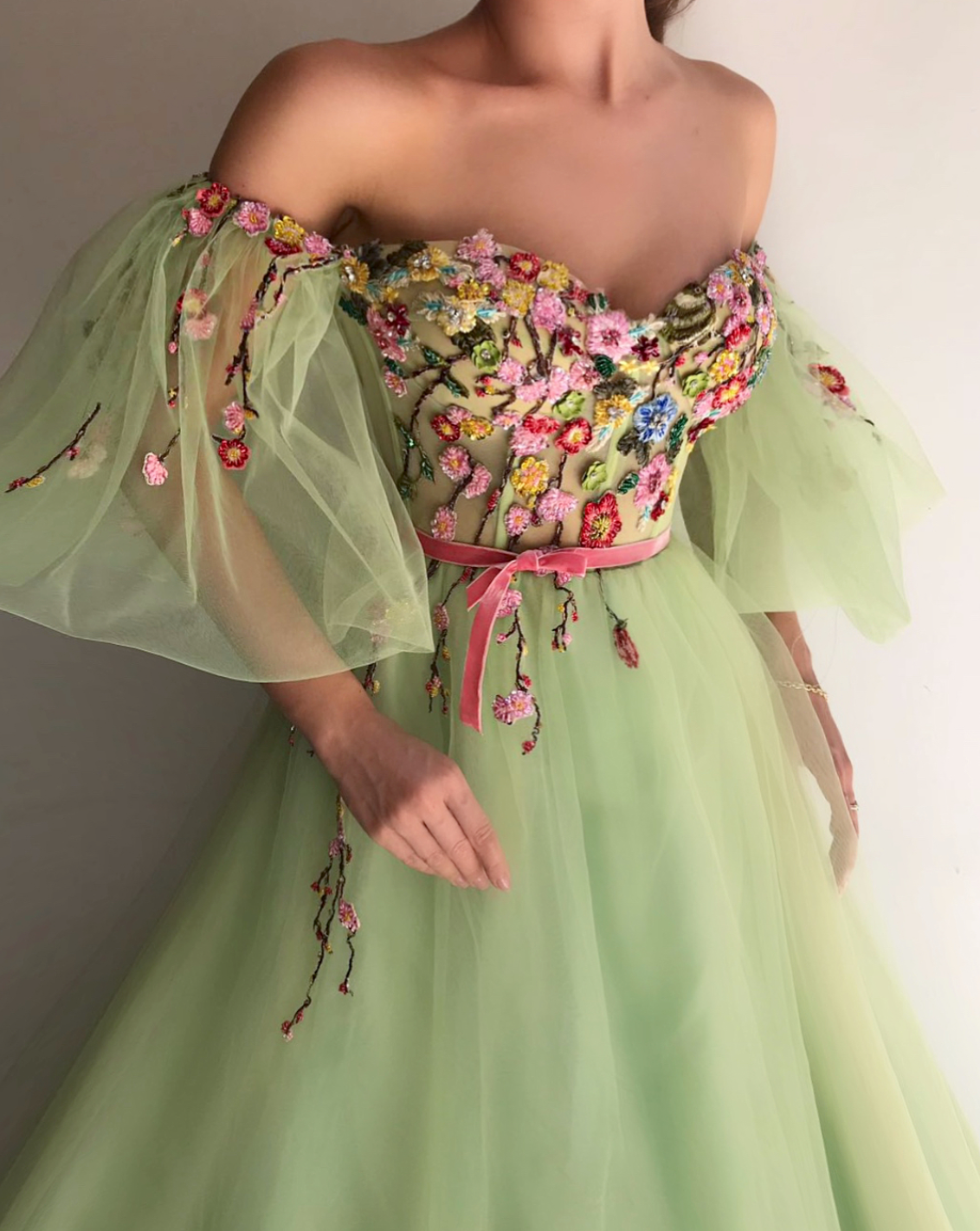 Green A-Line dress with off the shoulder sleeves and embroidery
