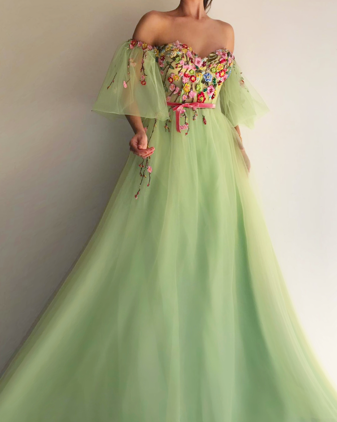 Green A-Line dress with off the shoulder sleeves and embroidery