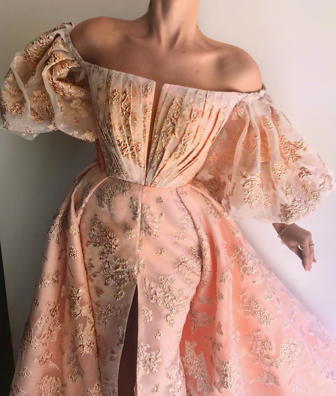 Pink overskirt dress with short off the shoulder sleeves