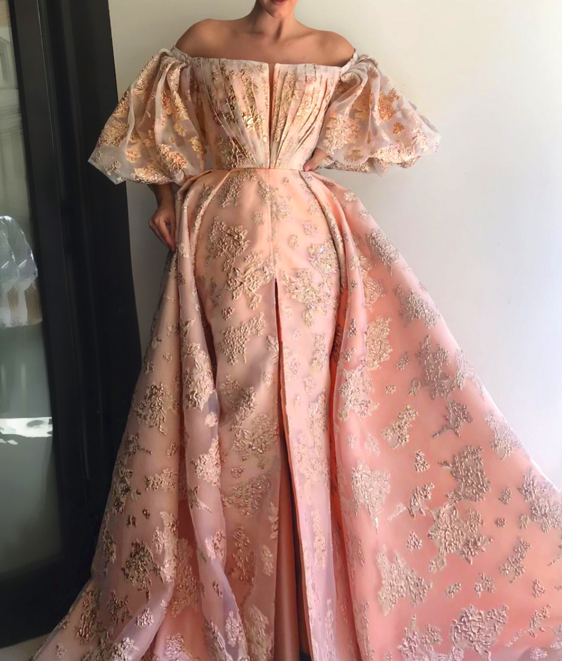 Pink overskirt dress with short off the shoulder sleeves
