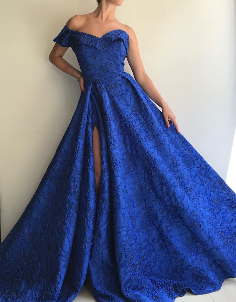 Blue A-Line dress with one off the shoulder sleeve