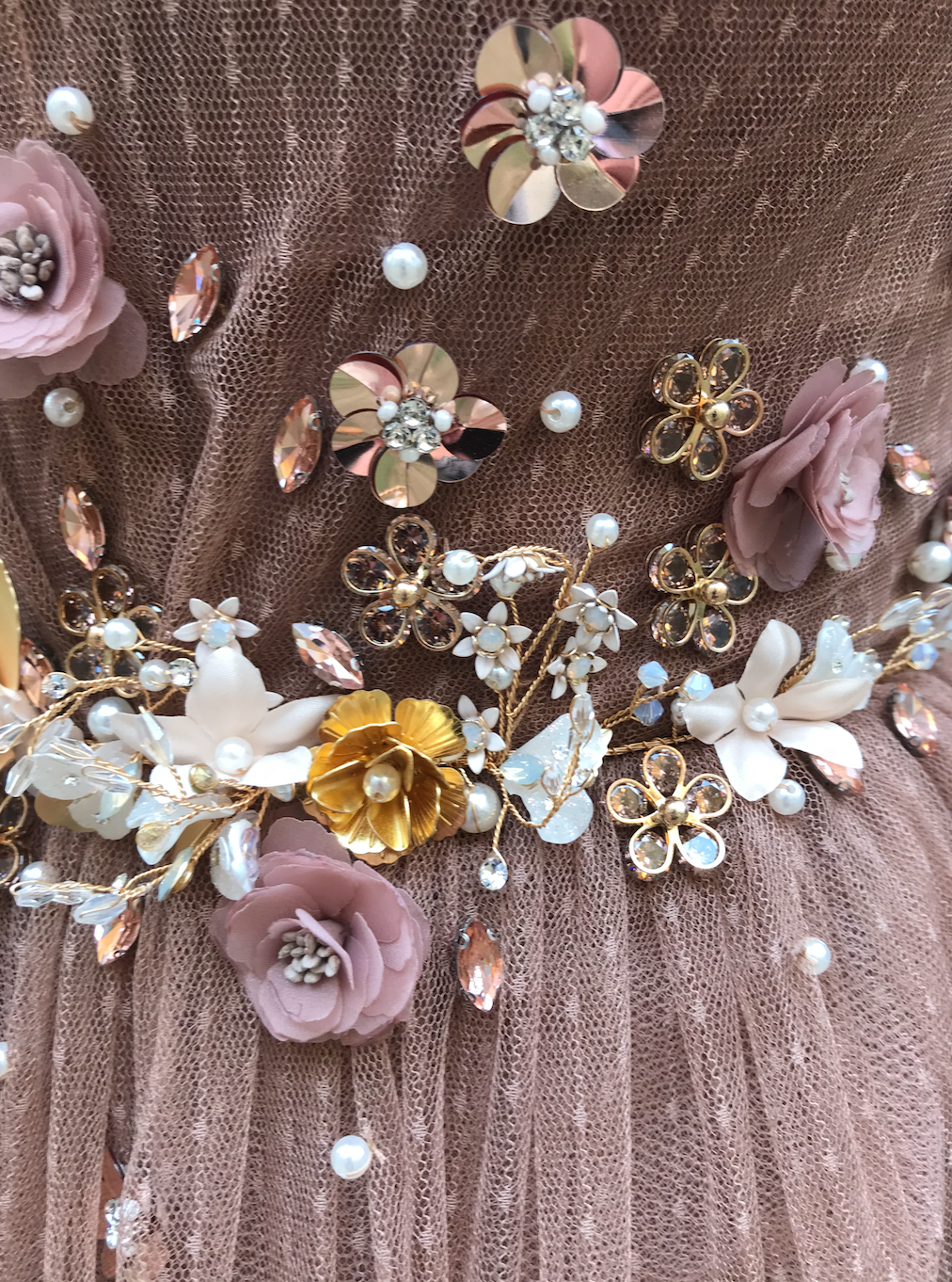 Brown A-Line dress with long sleeves and embroidery
