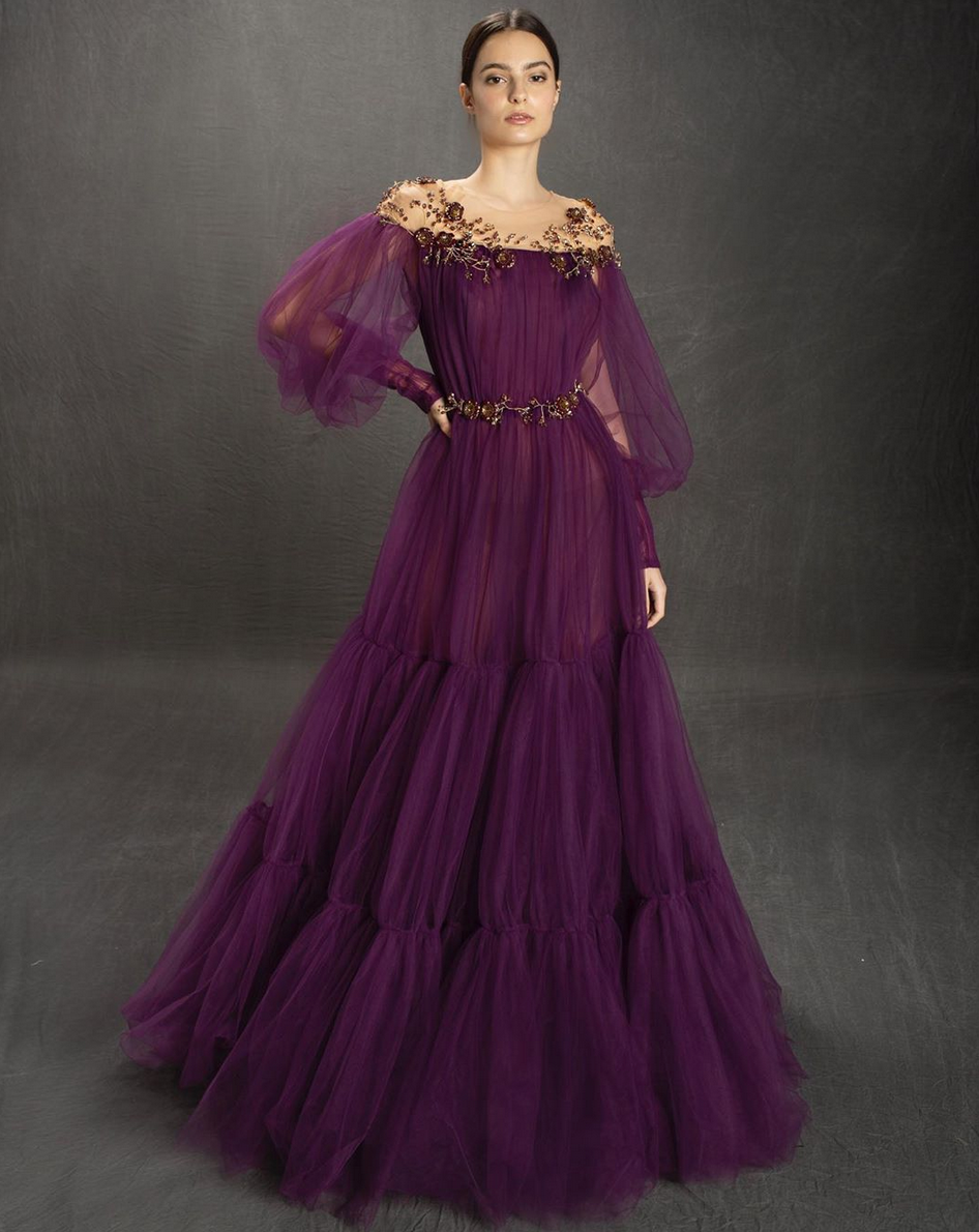 Purple A-Line dress with long off the shoulder sleeves and embroidery