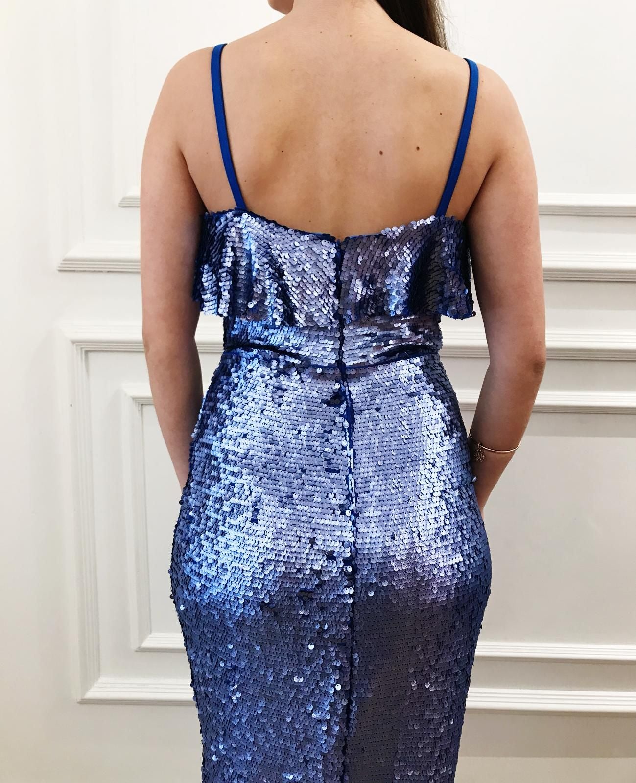 Blue mermaid dress with sequins and spaghetti straps