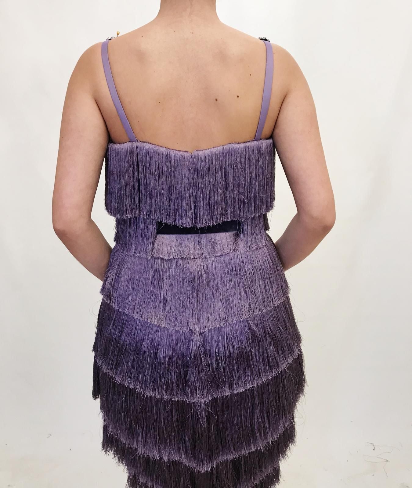 Purple mermaid dress with spaghetti straps, fringe and embroidery