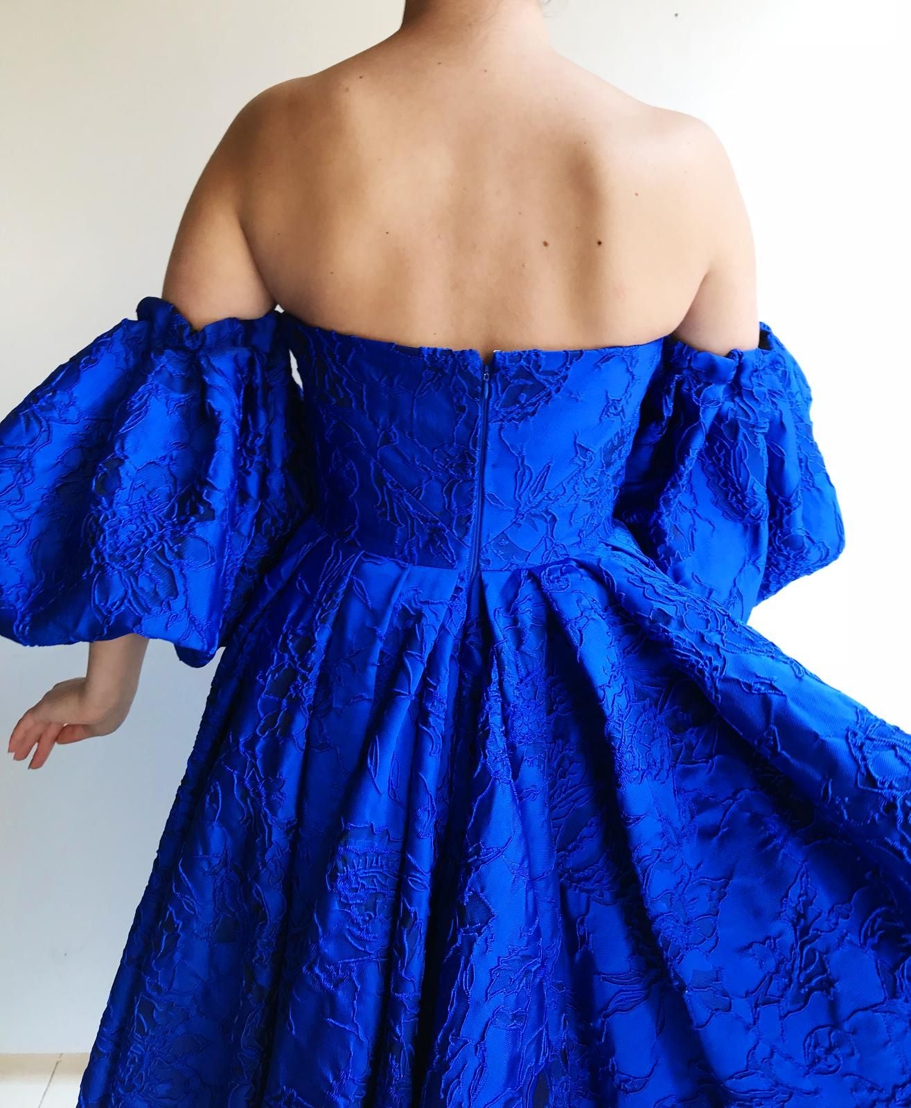 Blue A-Line dress with off the shoulder sleeves