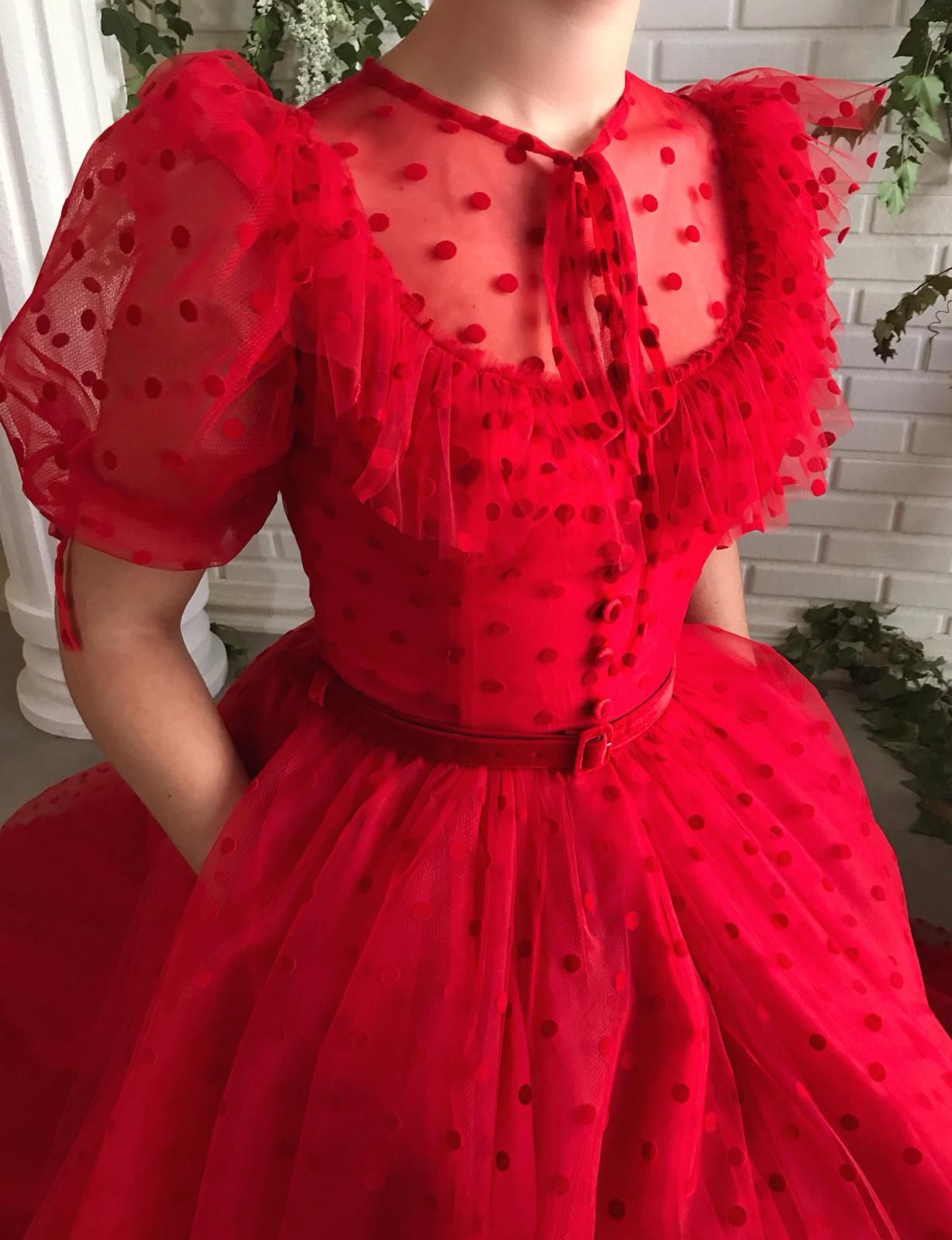 Red A-Line dress with short sleeves and belt