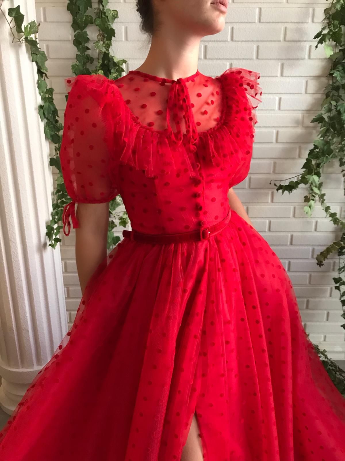 Red A-Line dress with short sleeves and belt